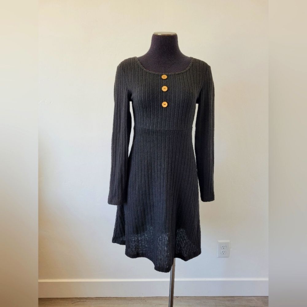 Black Ribbed Midi Dress Cork Buttons Casual Classic Comfy Modest Teacher Small